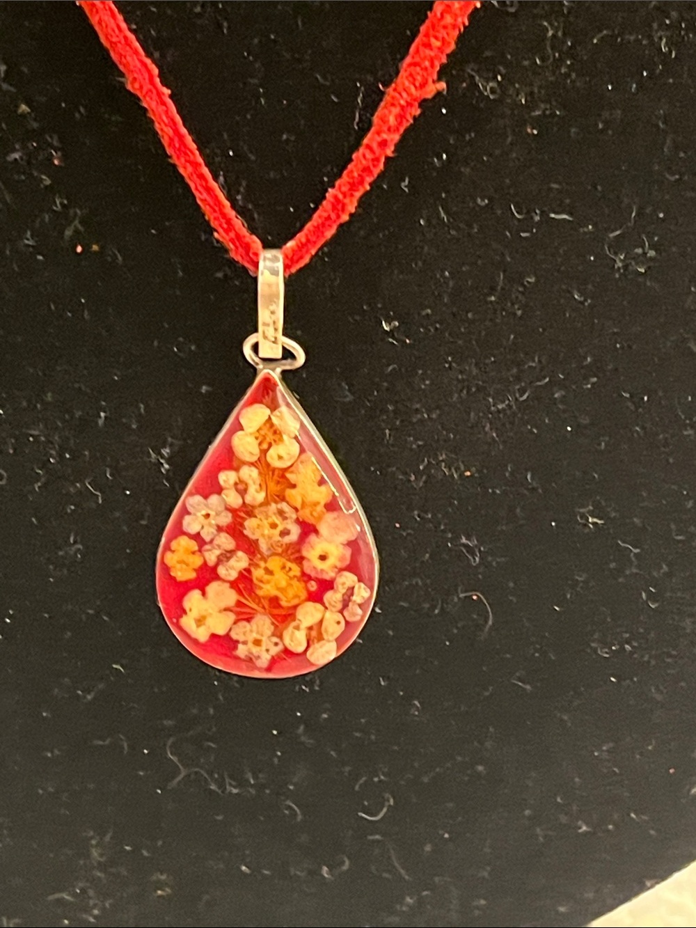 .925 real dried flowers pendant necklace Red suede